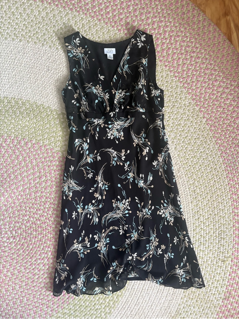 LOFT Black Floral V-Neck Midi Dress